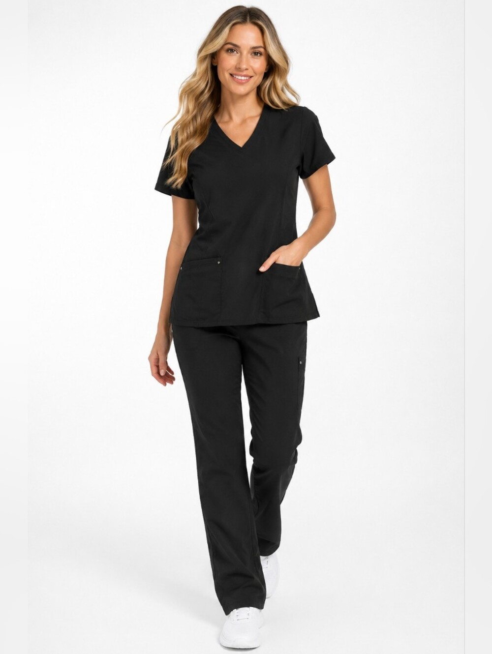 Purple Label by Healing Hands Yoga Black Scrub Top Women's Small V Neck Stretch